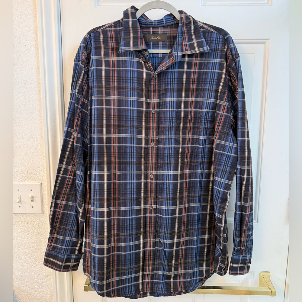 Tasso Elba Blue, Black & Orange Plaid Button-Up Shirt